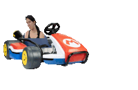 a woman is sitting in a mario kart with the number 3 on the side