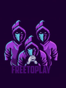 a group of people in purple hoodies and masks with the words freetoplay written below them