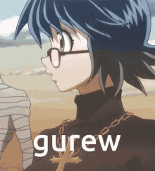 a picture of a girl with glasses and a cross that says gurew