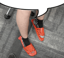 a person wearing red shoes and black socks with a speech bubble above them