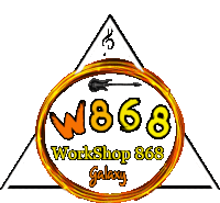 a logo for w868 workshop 868 galaxy with a guitar on it