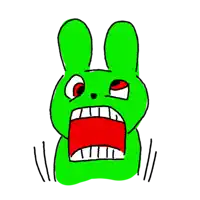 a cartoon drawing of a green rabbit with its mouth open