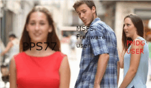 a man looking at a woman with the words msfs freeware user pps77 pmdg user