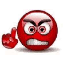 a red smiley face is giving a middle finger and pointing up .