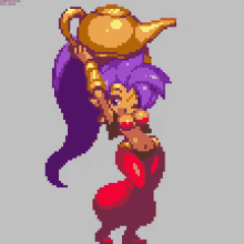 a pixel art drawing of a girl holding a teapot on her head