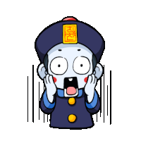 a cartoon character with a surprised look on his face is wearing a hat with chinese characters on it