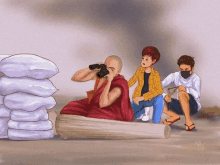 a drawing of a man taking a picture of a monk