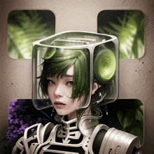 a drawing of a woman with green hair and a cube on her head