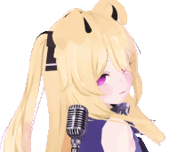 a girl with blonde hair and purple eyes holds a microphone