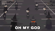 a group of witches are standing in a parking lot and the words oh my god are above them