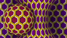 an optical illusion of a red and yellow ball moving through a purple and yellow honeycomb pattern .