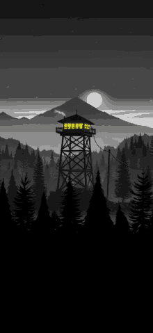 a black and white drawing of a watch tower in the middle of a forest