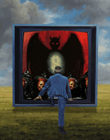 a painting of a man standing in front of a screen with a dollar sign and a devil on it