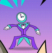 a cartoon character with a clock on his head is wearing a purple suit and bow tie .