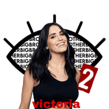 a woman in a black tank top with the name victoria on her chest