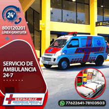 an advertisement for servicio de ambulancia shows an ambulance parked outside of a building