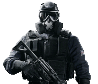 a man wearing a gas mask and goggles is holding a rifle