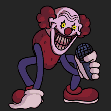 a cartoon of a clown holding a microphone with yellow eyes