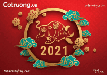 a red background with a bull in a gold circle and the year 2021