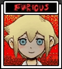 a cartoon character with blonde hair and blue eyes is standing in front of a red background with the words `` furious '' written on it .