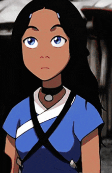 a girl with long black hair and blue eyes is wearing a choker and a blue shirt