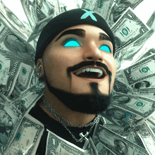 a man with a beard and blue eyes is surrounded by dollar bills