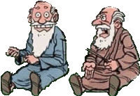 two cartoon men with beards are sitting next to each other .