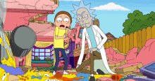 rick and morty are standing next to each other in a cartoon