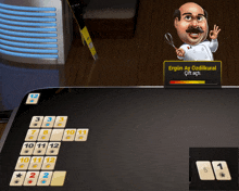 a cartoon of a man with a mustache is playing a game of rummy