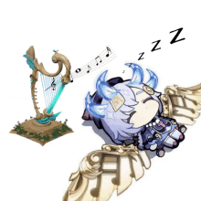 a harp and a girl with horns sleeping with the letter z above her