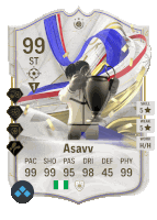 a soccer card for asavv has a picture of a man holding a trophy