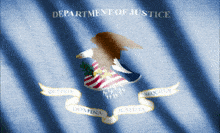 a department of justice flag with an eagle and a ribbon
