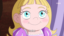 a girl in a purple dress says hallo in a cartoon