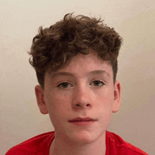 a young man with curly hair is wearing a red shirt and looking at the camera