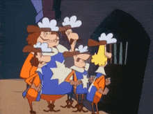 a group of cartoon characters standing in front of a prison cell