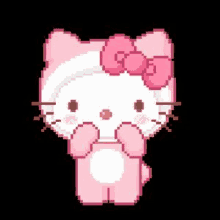 hello kitty is wearing a pink bow and covering her face with her hands .