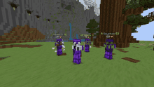 a group of people in purple armor are standing in a field with a tree in the background