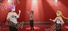 three anime girls are dancing in front of a red background with the words hey written in white letters