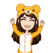 a cartoon girl wearing a teddy bear hat is raising her hands in the air