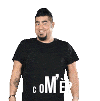 a man wearing a black shirt that says come