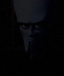 a close up of a cartoon character 's face in the dark