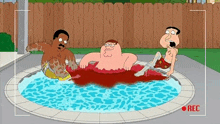 a group of cartoon characters are sitting in a pool filled with blood .