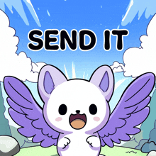 a cartoon illustration of a cat with wings and the words send it above it