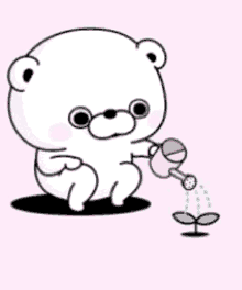 a white teddy bear is watering a plant with a watering can .