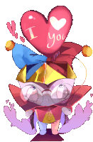 a drawing of a jester holding a heart that says " i love you "