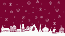 a merry christmas greeting with a city skyline and snowflakes