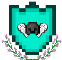 a pixel art drawing of a shield with a pair of gloves on it