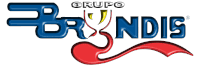 a blue and red logo for grupo brundis with a red ribbon