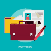 an illustration of a portfolio with a briefcase a pen and a resume