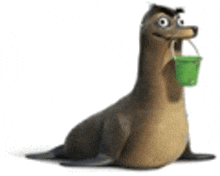 a cartoon seal is holding a green bucket in his mouth .